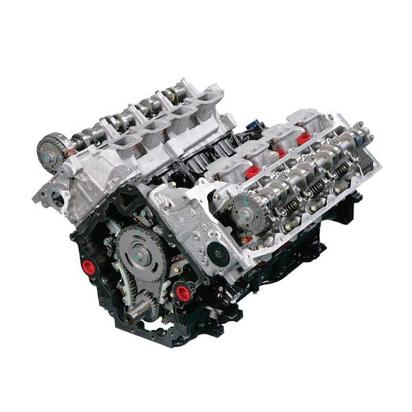 محرك V8 مكشوف: روس المكينة، أعمدة التيمن، البلف والسستة، تروس وجنزير التيمن، البلوك، والكرنك